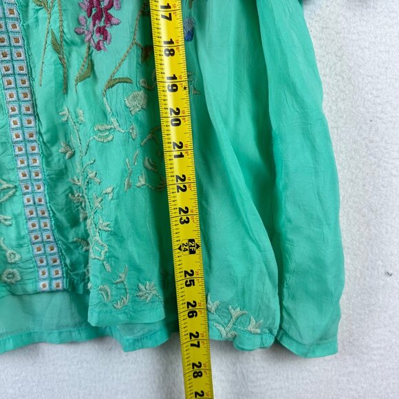Johnny Was Embroidered Floral Tunic Top Green Boho V-Neck Tie Sleeve Womens M - Picture 6 of 12
